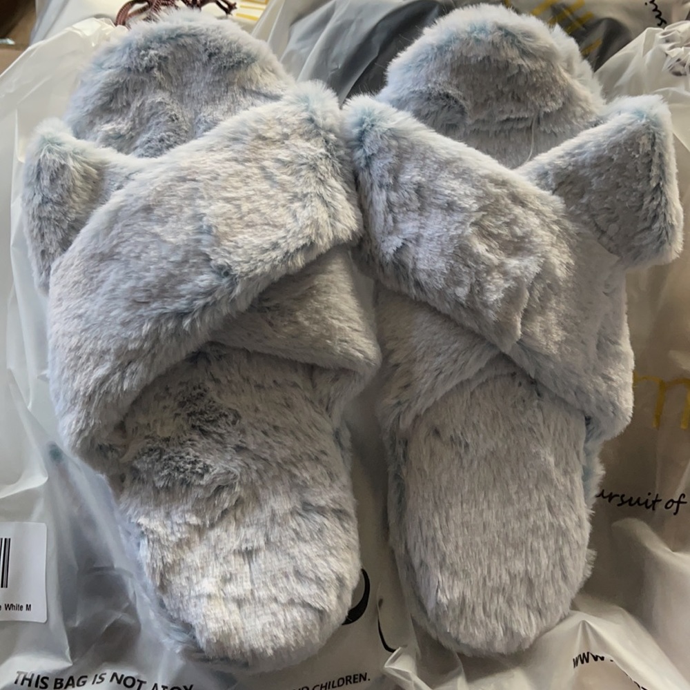 Woman’s Pale Blue Fluffy Faux Fur Slippers